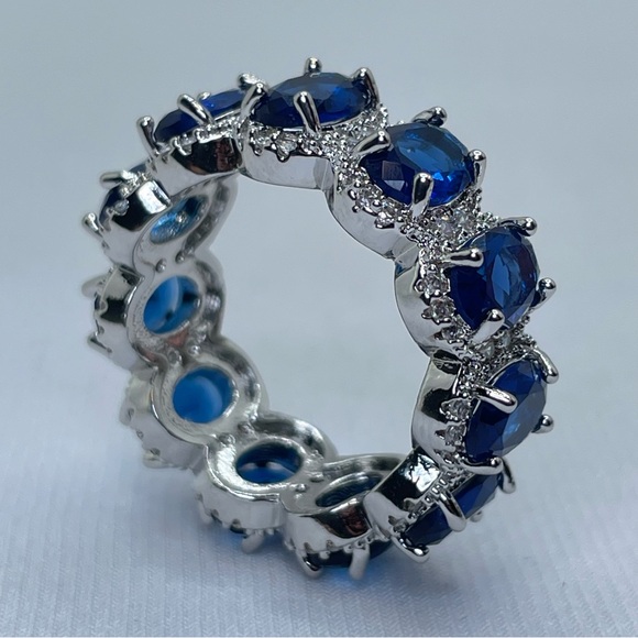 Sapphire Blue CZ Eternity Band Silver Halo Ring Bold Statement Stacking Sz 8 - Picture 5 of 6